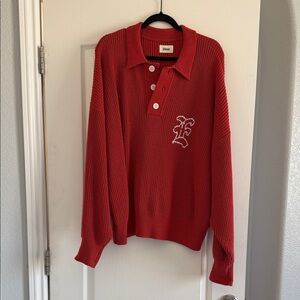 Elwood!!! Oversized Red Knit Crewneck Polo Sweater with Embroidery Front & Back
